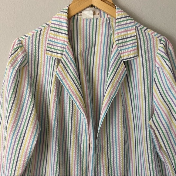 Vintage Pastel Striped Seersucker Open Blazer Rainbow Retro Career Sz 38 (M) - Picture 2 of 6